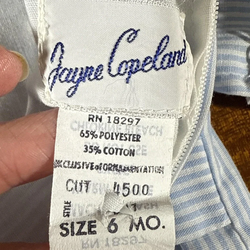 Vintage Jayne Copeland Baby Boy Romper 6M Blue Pinstripe Balloon Peter Pan Colla